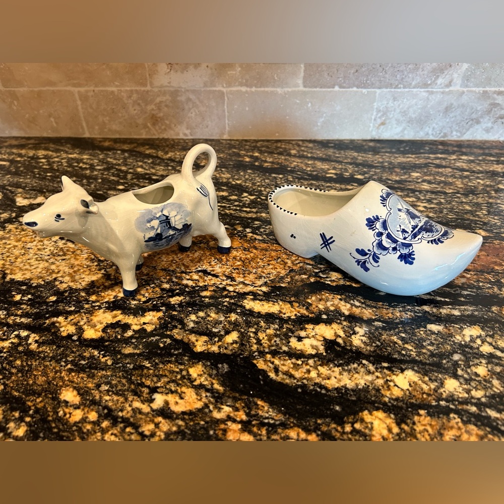 Vintage Delft Blue Holland Hand Painted Windmill Ceramic Cow Creamer and Clog